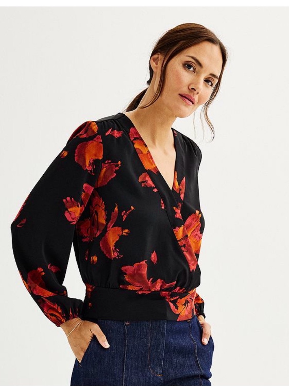 Nine West Black Wrap Blouse with Red and Orange Floral Print